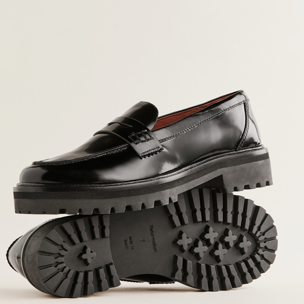 Reformation Black Patent Leather Lug Sole Loafers